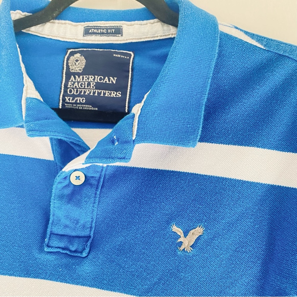 Vintage American Eagle Outfitters Bright Blue & White Striped Polo Textured XLG